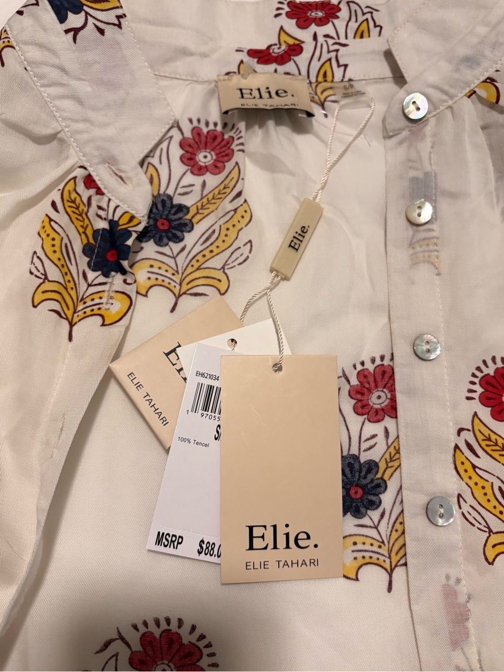 Elie Tahari Cream Blouse with Red, Navy & Yellow Floral Trim - New